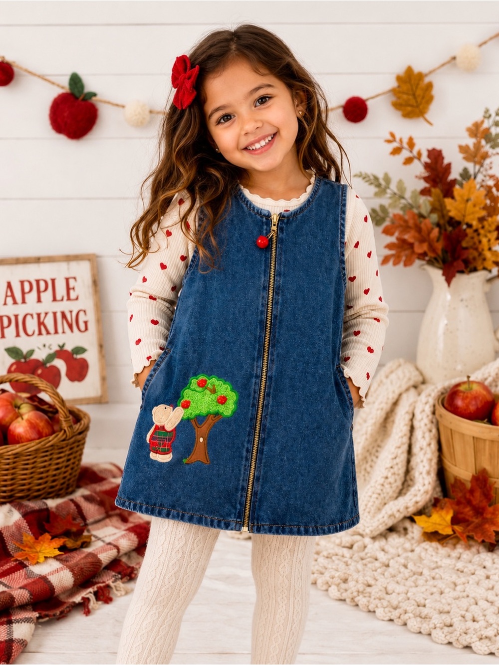 Vintage 90s Austin & Ashley Denim Apple Bear Zip Front Jumper Dress 4T 🍎